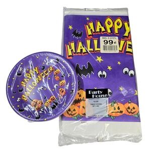 Vintage 90's NOS Halloween Table Cover and Plates Set Purple Pumpkin Bat